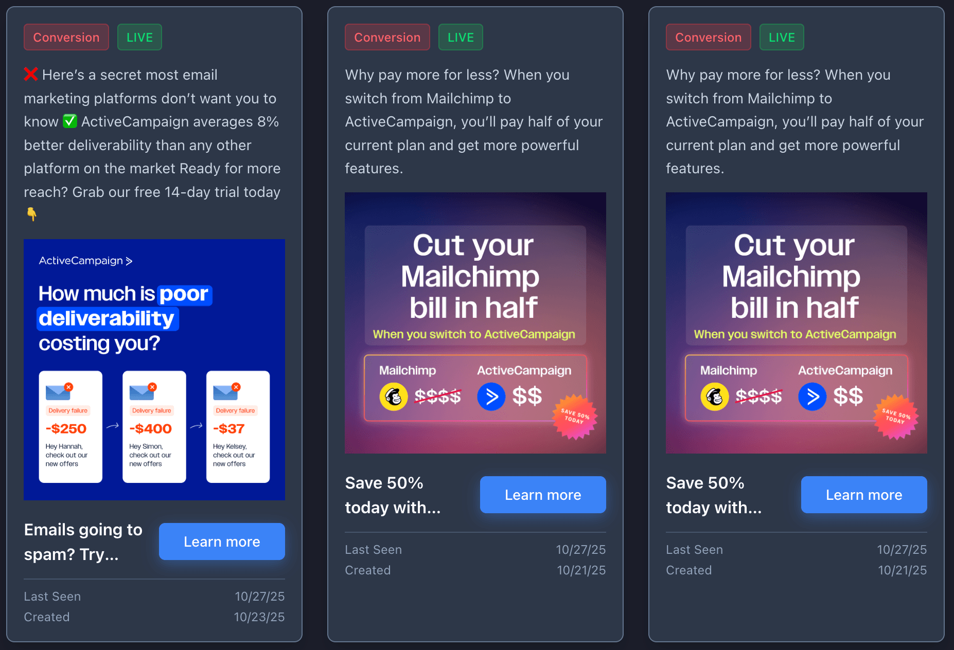 Competitor tracking interface showing automated Facebook ad monitoring